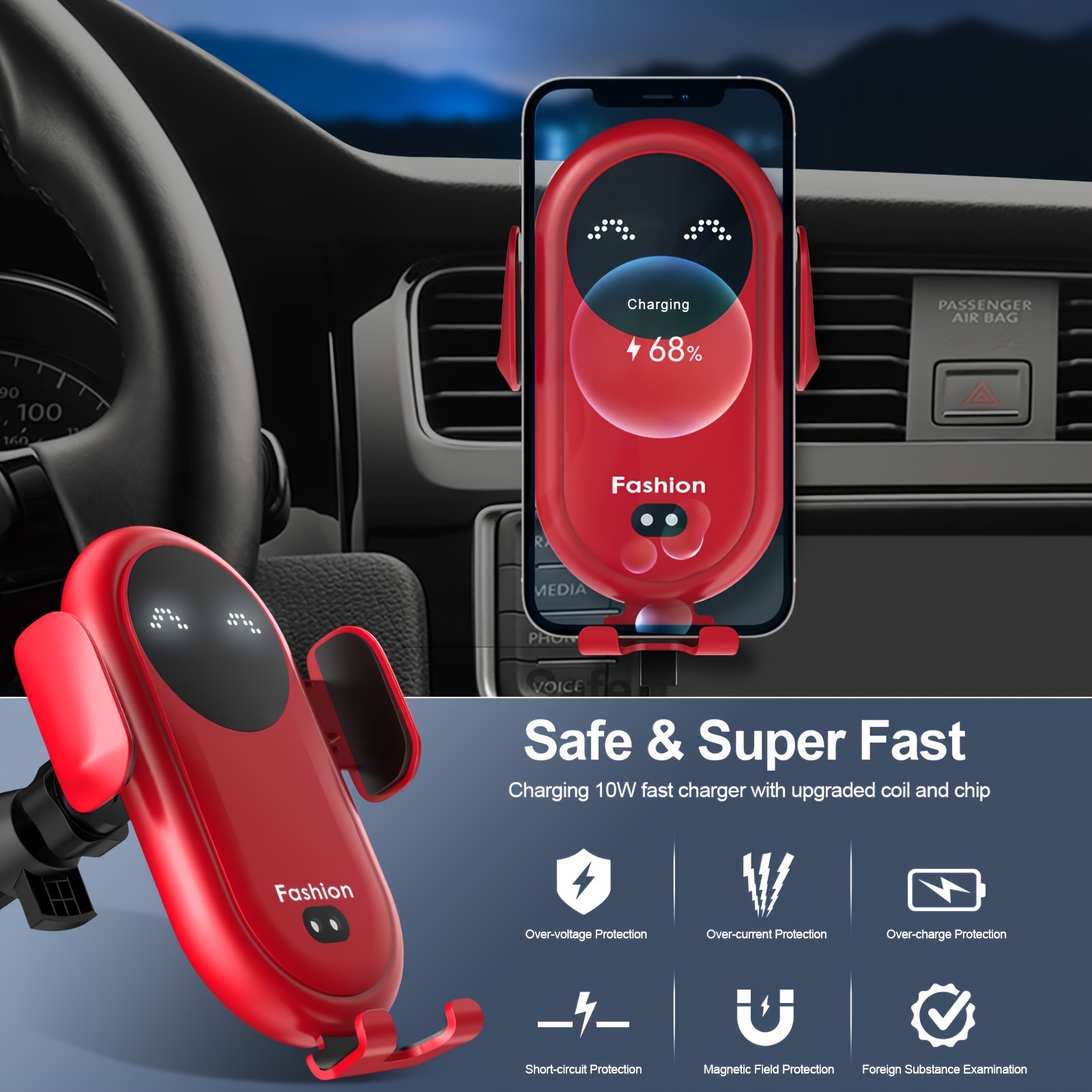

Wireless , 15w Wireless Charger, Car Vent Holder, Fast Charging, Auto Clamping Car Phone Holder