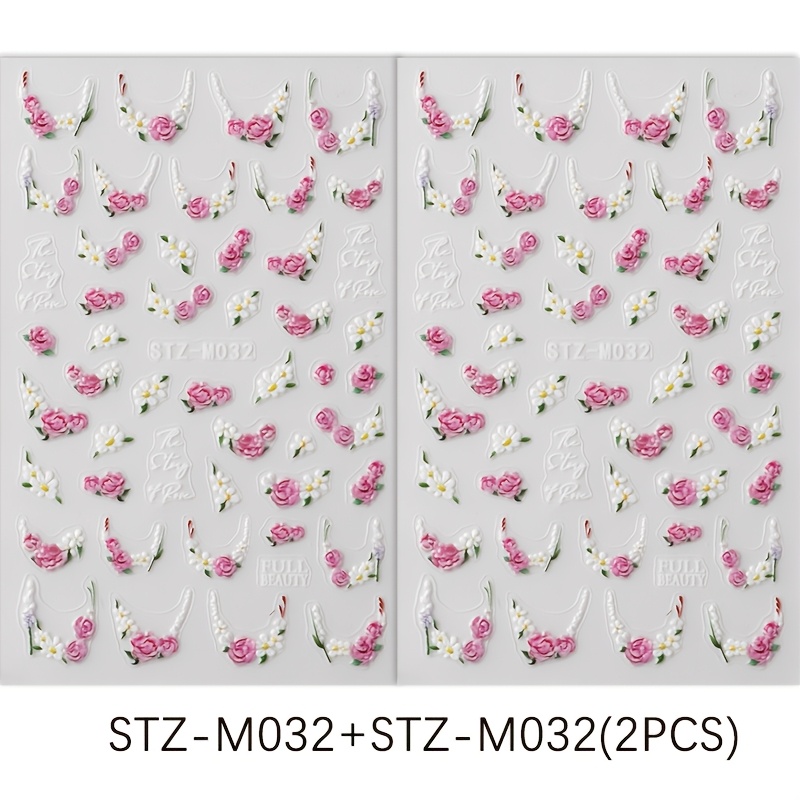 Image of 2 Sheets 5d Embossed French Tip Nail Stickers, 3d Self-adhesive Pink Rose Daisy Nail Decals, Relief Floral Nail Art Decorations For Manicure