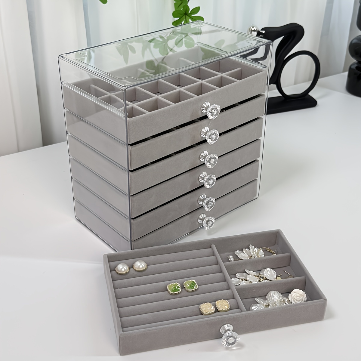 7 layer transparent plastic jewelry organizer box with fabric lined compartments secure   closure contemporary octagonal design multi use desktop storage for earrings rings necklaces jewelry organizer storage durable polished   jewelry boxes Product details 5