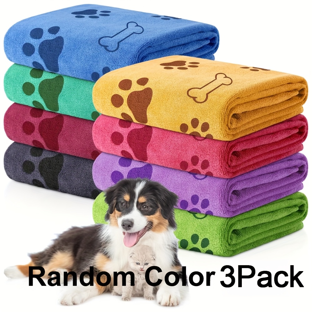 [quick- Towels] 3-pack Random Colors Quick-dry Soft Absorbent Polyester Pet Towels - Bathing Supplies For Medium Dogs With Paw Print Design