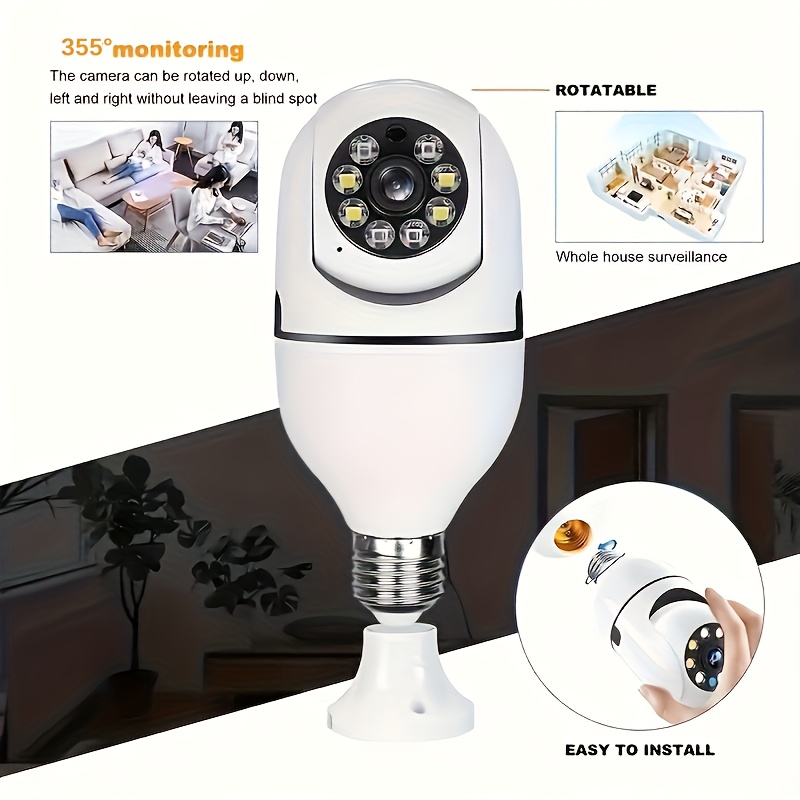   bulb safety camera 1080p wireless 2 4ghz indoor and outdoor smart camera   into e27 bulb socket ptz 355 degrees 2mp wireless wifi bulb camera for   motion tracking bulb safety wireless camera alarm two way call audio details 7