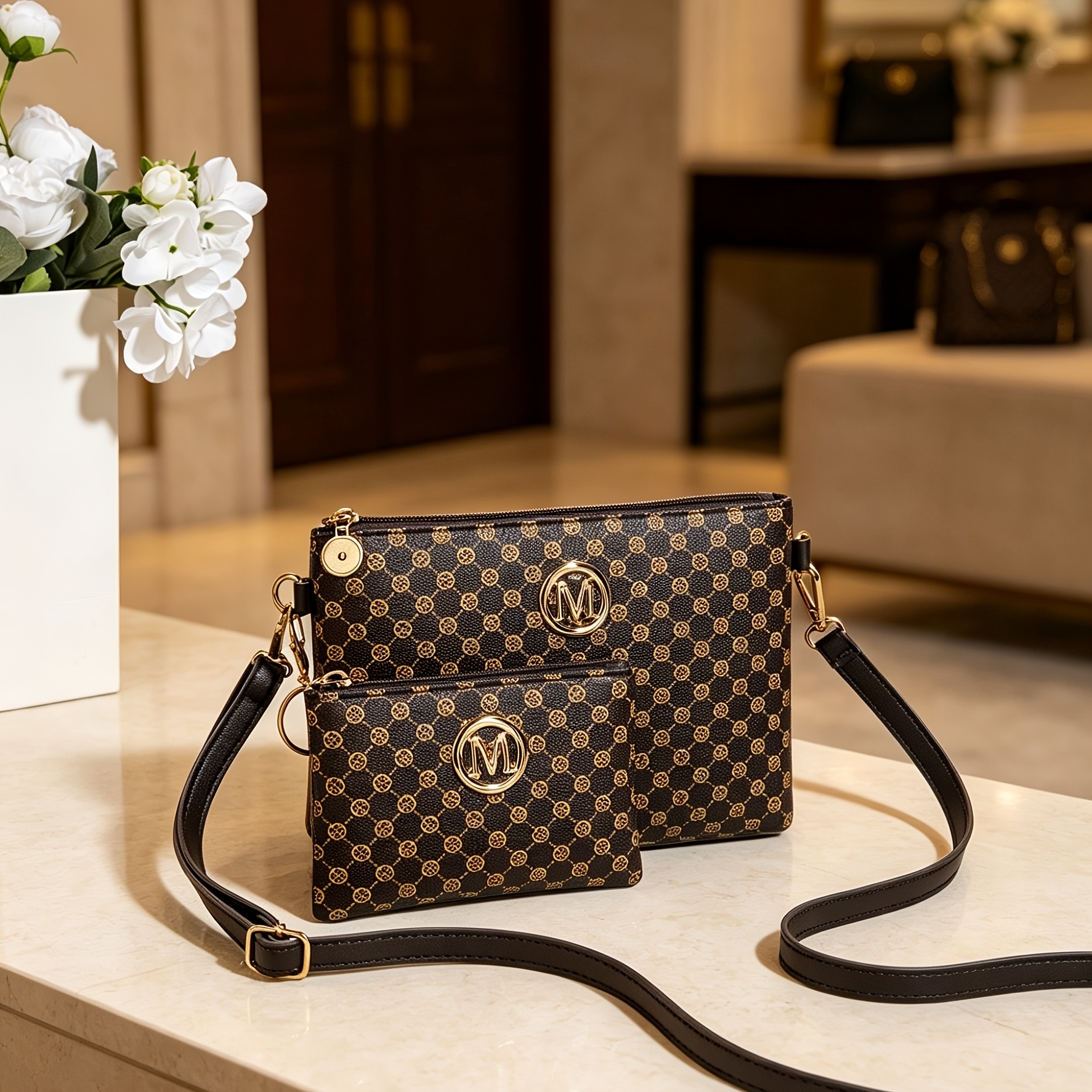 TEMU Women's Crossbody Bag, Vintage 2pcs Set, Light Luxury Hardware Polka Dot Print Clutch And Shoulder Bag, In , Versatile And Lightweight For Daily