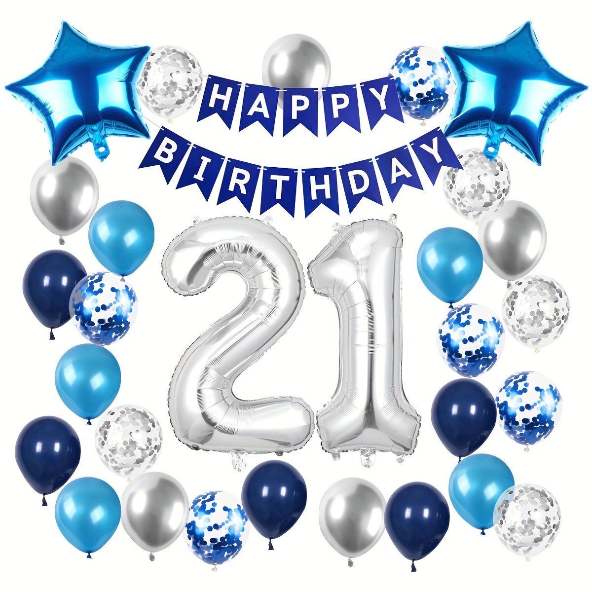 Set Di Palloncini Blu Per Il 30° Compleanno, Sia Per Uomini Che Per Donne.  Viene Fornito Con Striscioni E Poster Di Buon Compleanno, Palloncini Blu  Navy, Palloncini Argento Metallizzato, Palloncini Glitter Argento