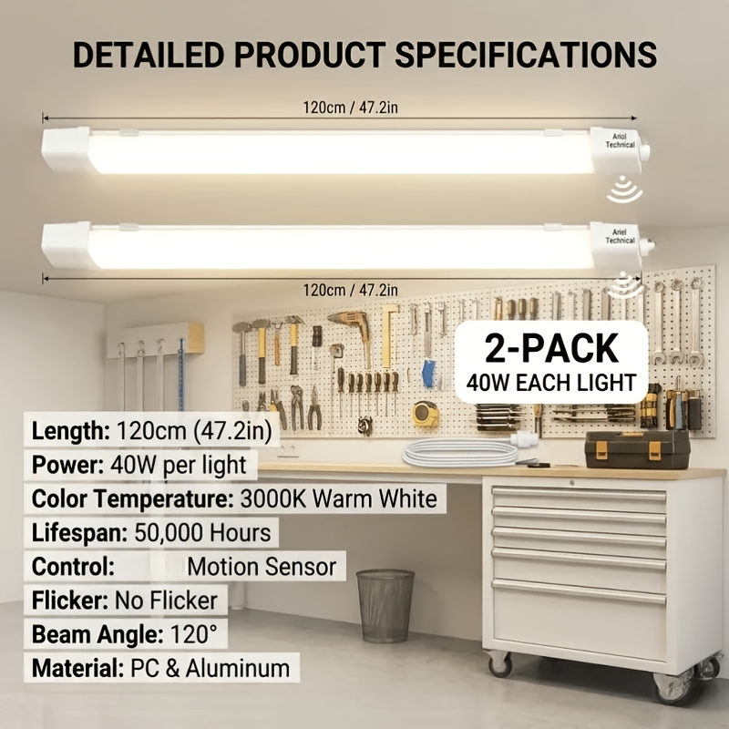 2pcs Led Bracket Light 40w 120cm 3000k Warm White Garage Light With 360° -free Suitable For Basement/garage/studio
