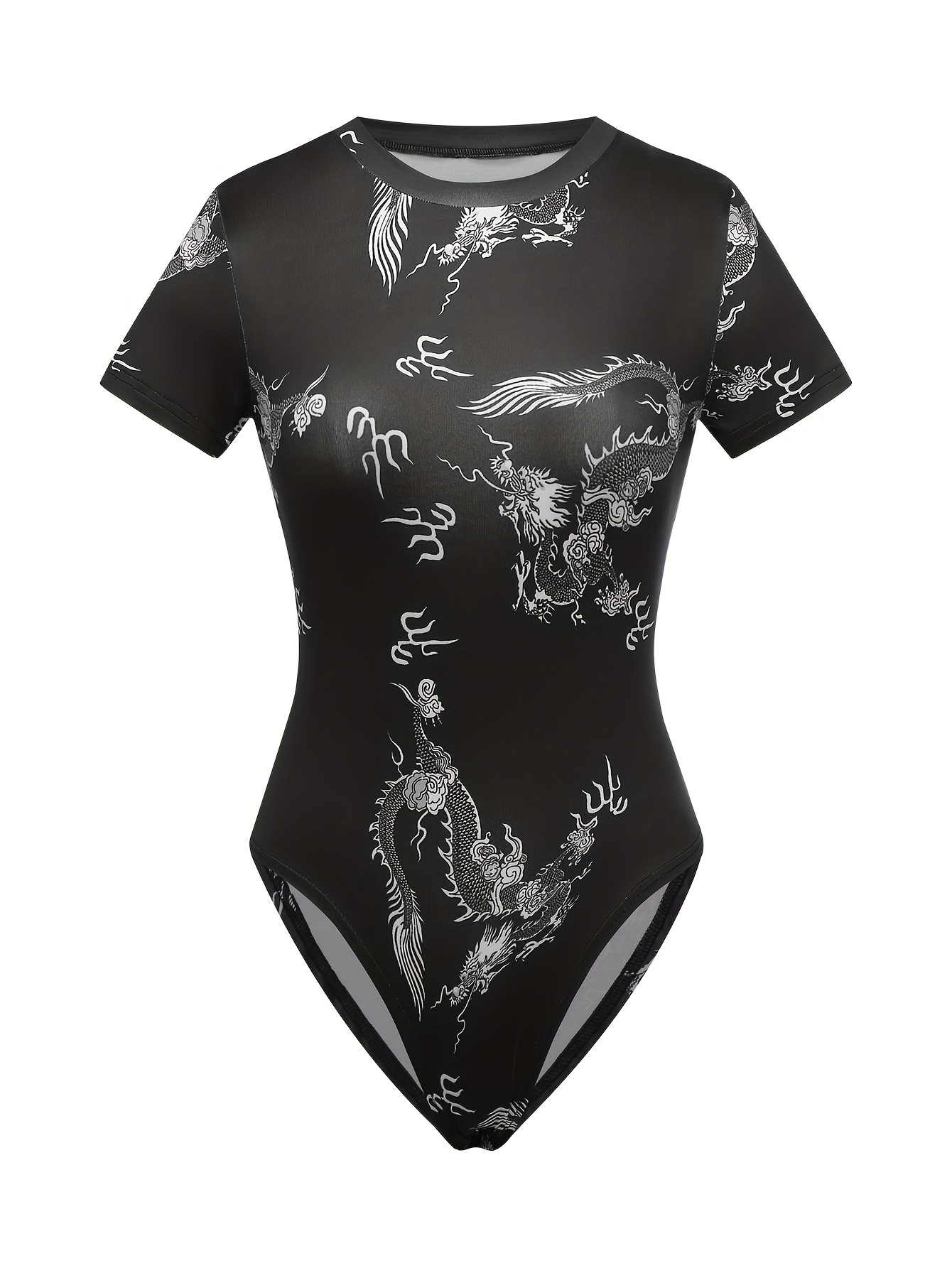 Women Mesh See Through Chinese Dragon Print Skinny Slim Bodysuit - Walmart .ca