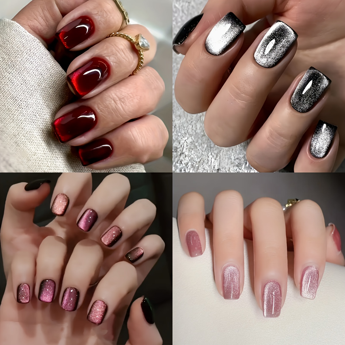 Image of Set Of 120 Short Square Press-on Nails In 4 Colors Featuring A . Includes Red, Pink, And Black Cat Eye Nails, Ideal For Women And For Everyday Use Or Parties, Perfect For Christmas Occasions