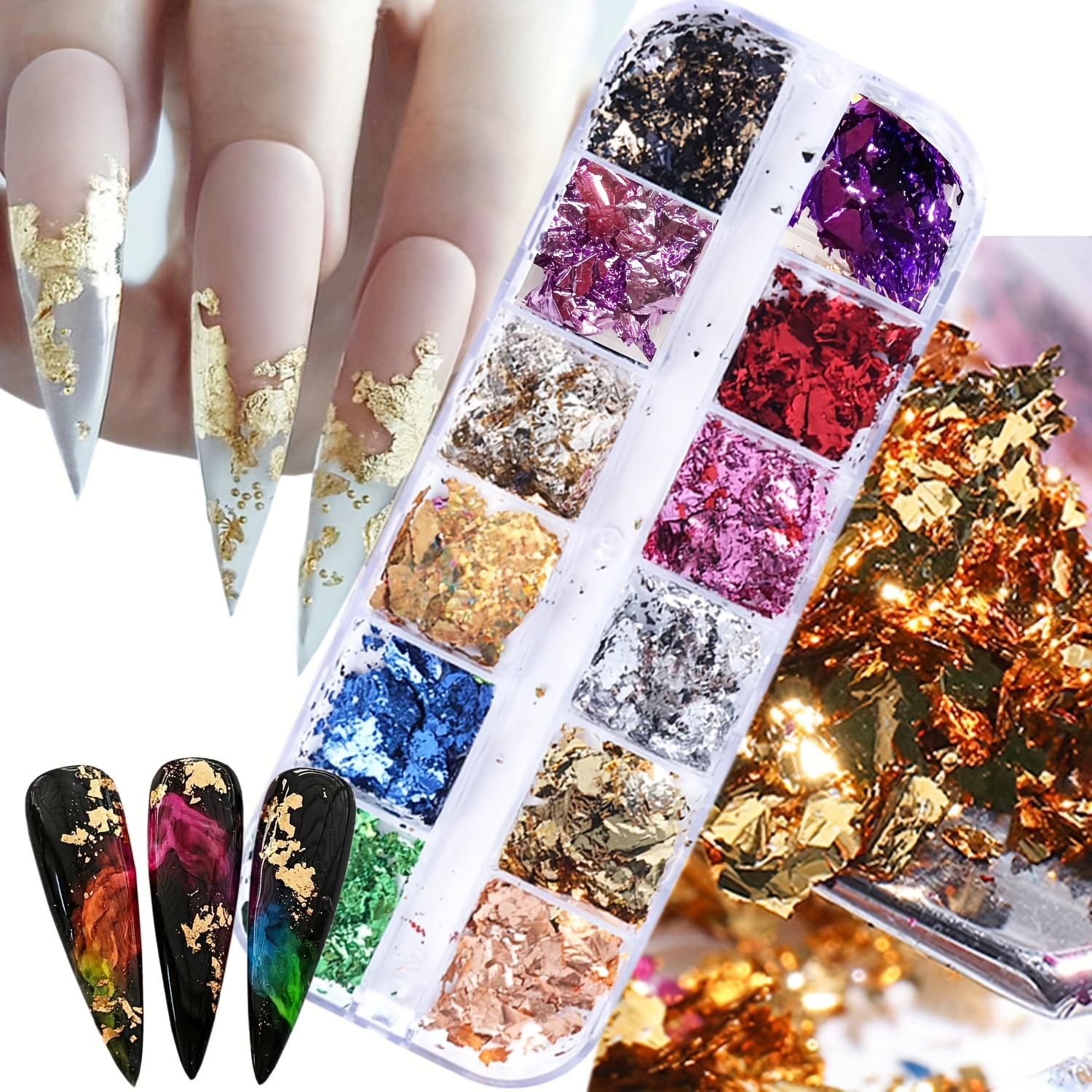 

12-color Sparkling Nail Glitter Foil Set - Ultra-thin Aluminum For Diy 3d Manicure, Laser Sequins & Acrylic Charms For Women And Girls