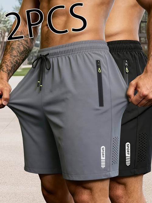 2pcs mens ultra thin drawstring sports casual shorts for fitness solid color breathable quick drying style with zipper pockets and waist drawstring suitable for outdoor activities and fitness training reflective strip design
