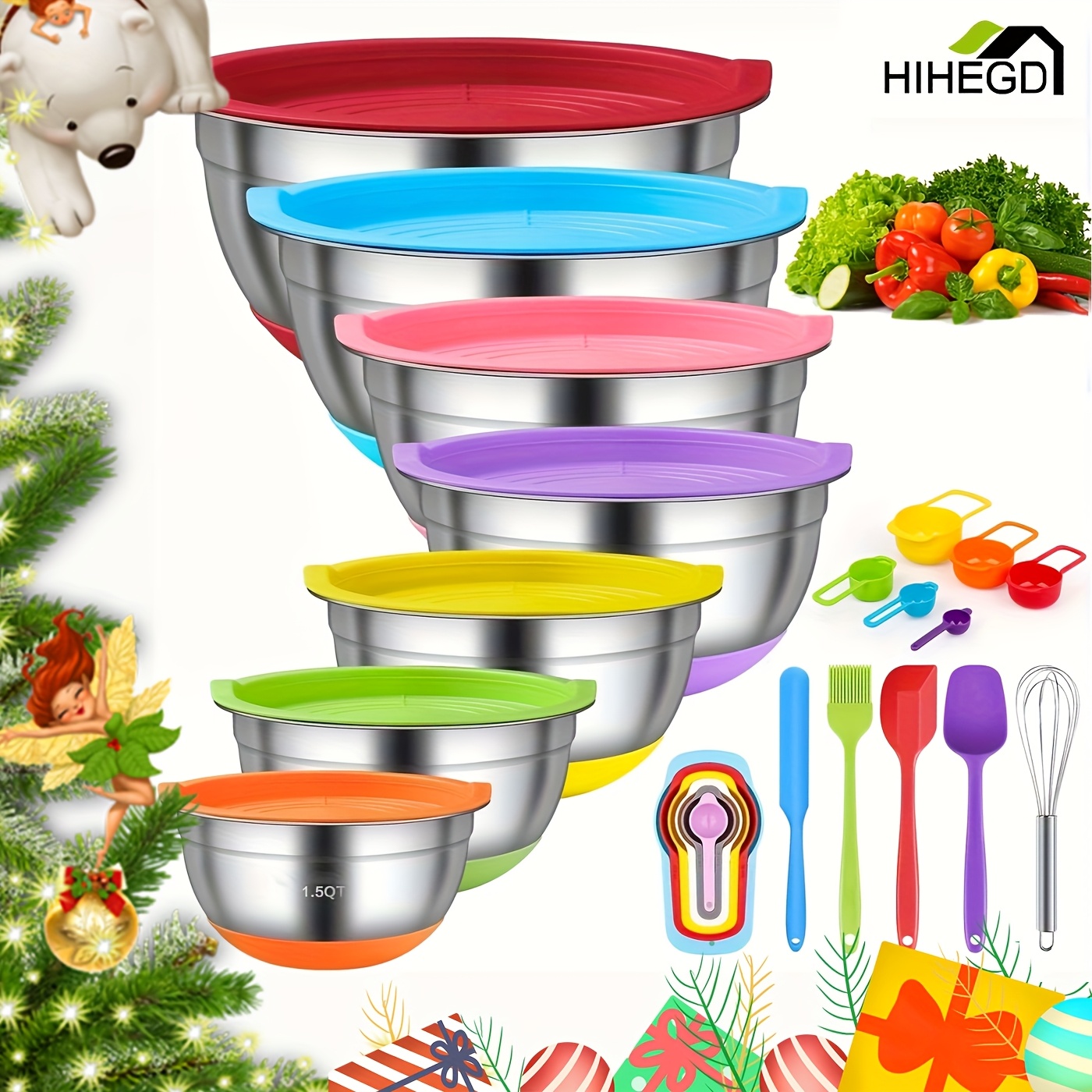 

Mixing Bowls With Airtight , 18pcs Stainless Steel Nesting Mixing Bowls Set Non-slip Silicone Bottom, Size 7, 5.5, 4, 3.5, 2.5, 2, 1.5 Qt, Fit For Mixing & Serving