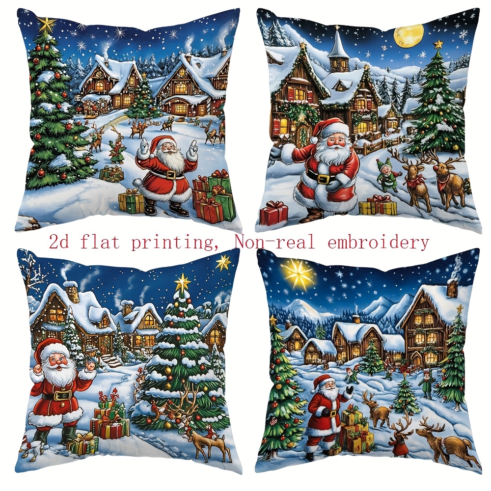 TEMU Set mit 4 Stück, mit einem Weihnachtsdesign mit , Weihnachtsmann und Rentier, erhältlich in den Größen 16 x 16 Zoll, 18 x 18 Zoll und 20 x 20