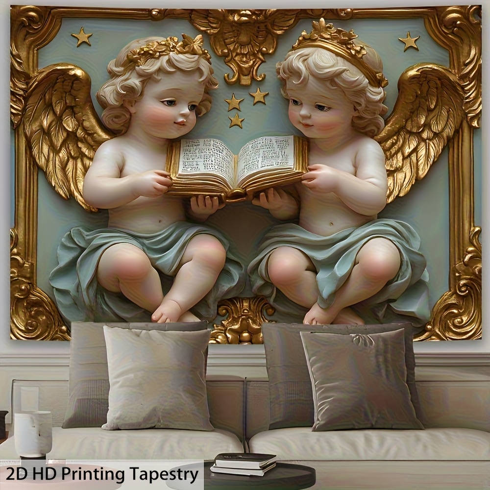 Elegant Angel Statue Tapestry With Serene Cherubic Reading Figures_voghion.com