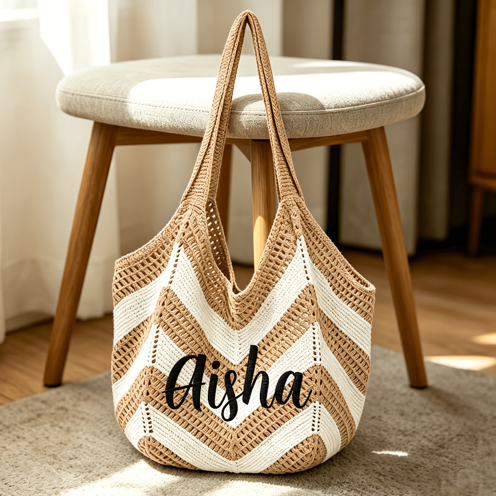 TEMU Borsa a tracolla personalizzata da donna con /iniziali - Borsa da spiaggia a righe dolci adatta per regali per damigelle, feste di nozze, viaggi