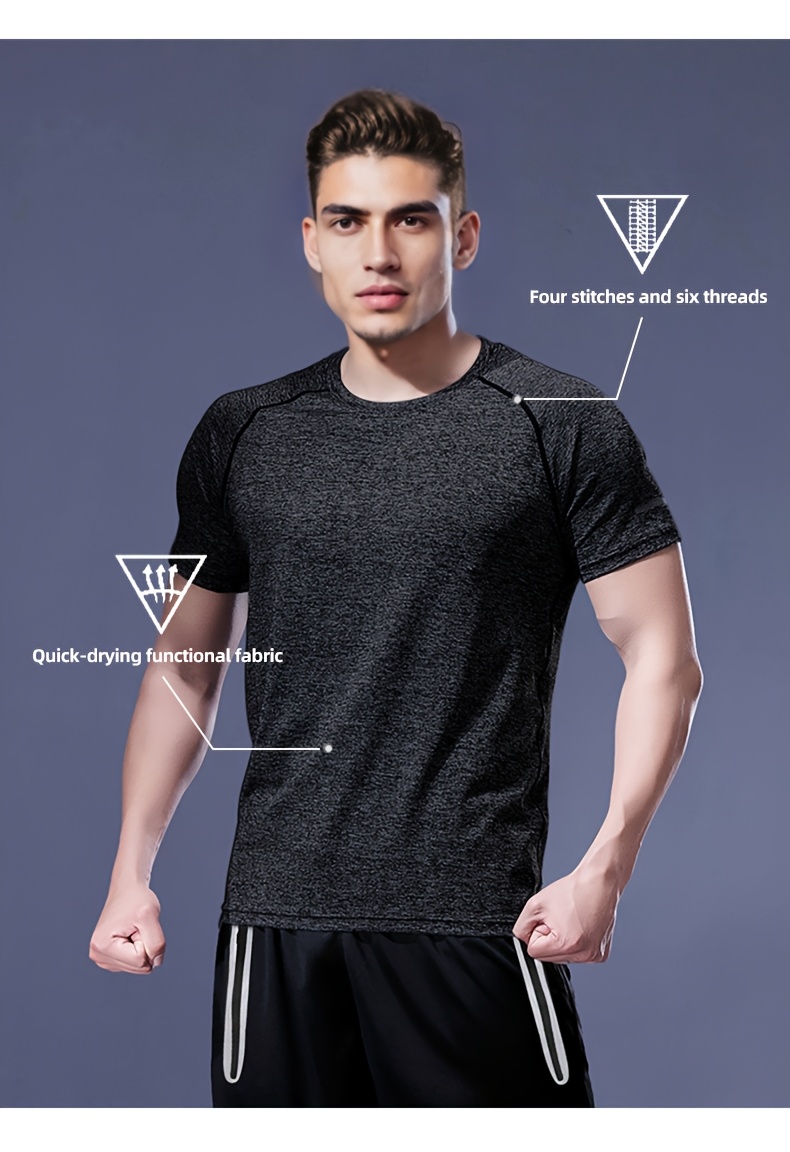 Men'S 4pcs Set of Summer Sports T-Shirts, Elastic Fitness Short-Sleeved Round-Neck Slim Fit Top, Gray And Black, Can Be Worn for Sports, Running, Basketball, Fitness, Etc