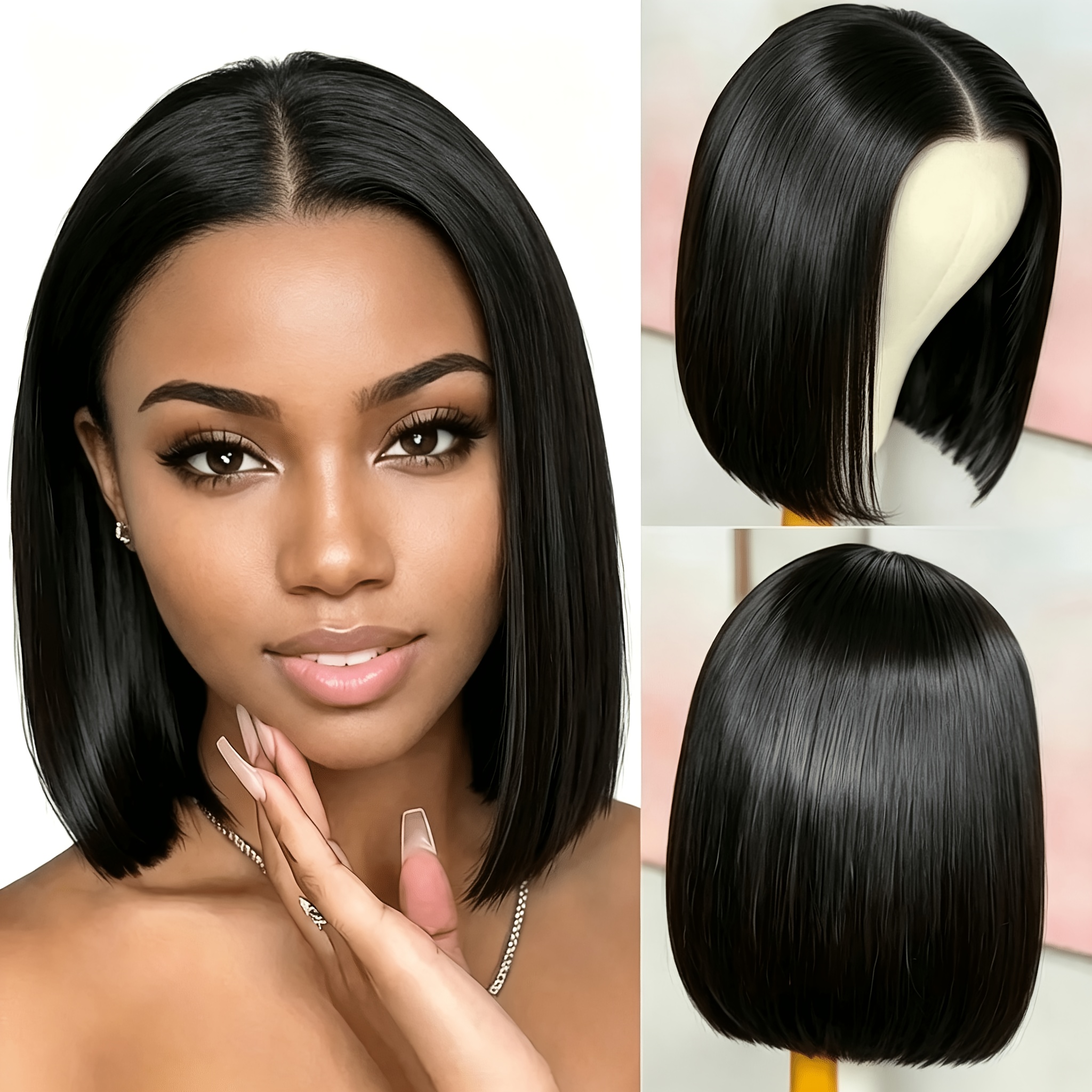 TEMU 14-inch 35cm Middle-part Black Shoulder-length Bob Wig, Smooth Synthetic Fiber Middle-part Bob Wig For European And American Women, Hairline,