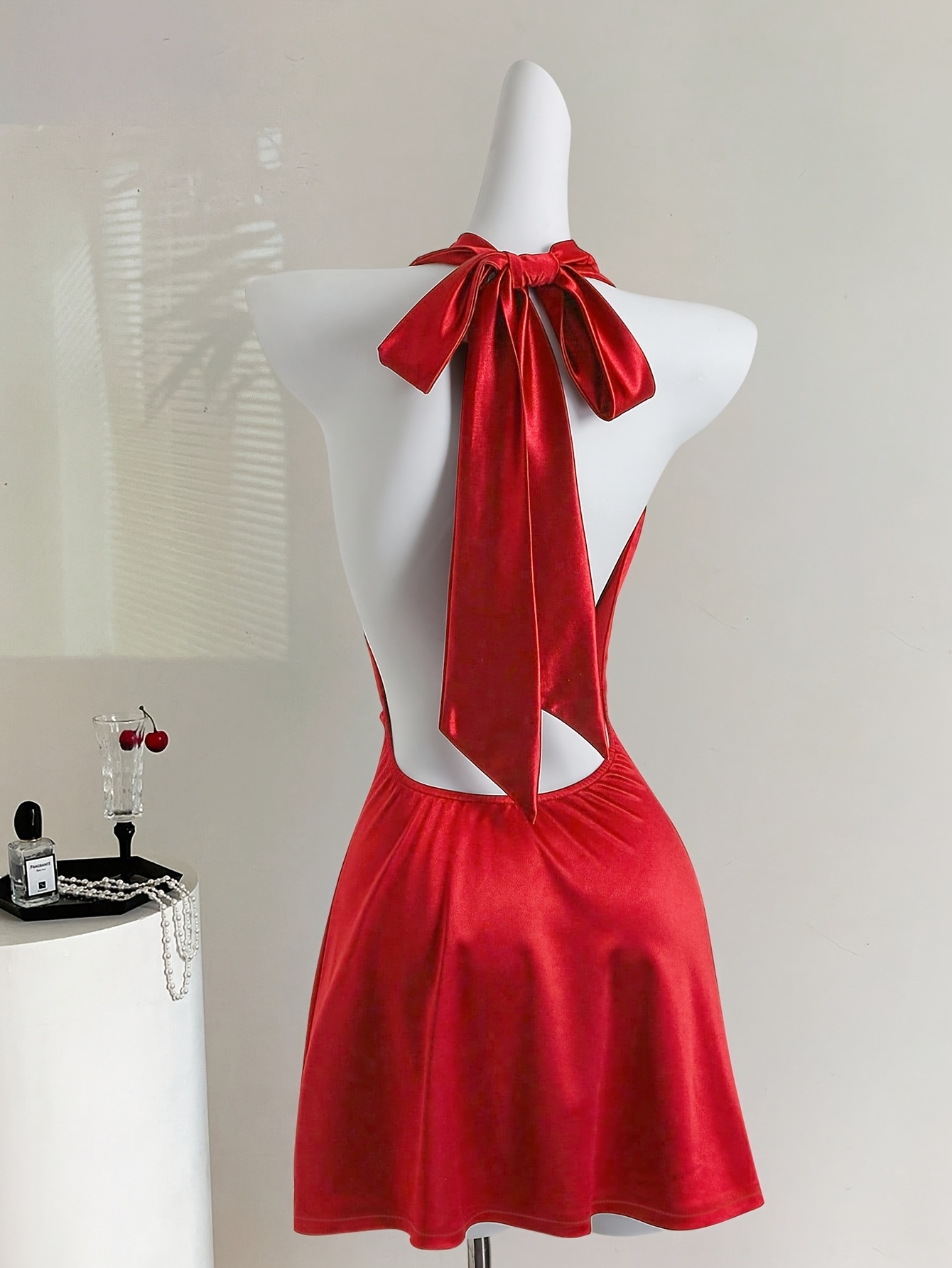 new womens vintage red satin deep v backless mini dress bow - Temu Mauritius