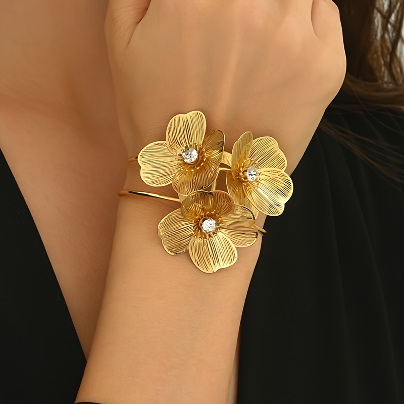 Adjustable Floral Cuff Bracelet with Gemstone Accents