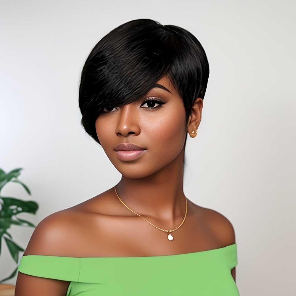 180 density brazilian   human hair wig for women 8 short     bangs   cap machine made straight wig for daily wear cosplay natural look versatile style cosplay accessory comfortable rose cap quick hairstyle change womens fashion Product details 1
