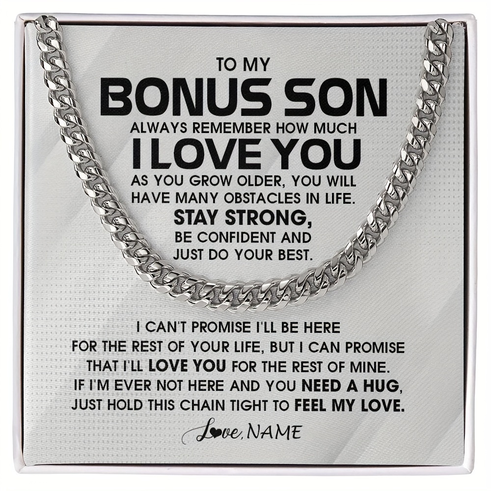 

Personalized Stainless Steel Chain Necklace For Bonus Son With Inspirational Message Card And Gift Box - Unisex, No Mosaic, Non-precious Metal Plated, Stylish Theme Jewelry