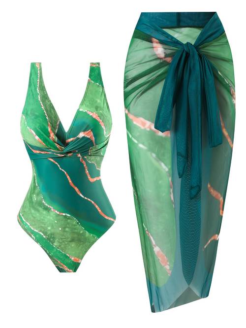 Grün Marmor Muster Twist Eleganter Bauchabdeckung Slim Fit Einteiler Badeanzug Plus Mesh Zweiteiler Badeanzug Set für Frauen