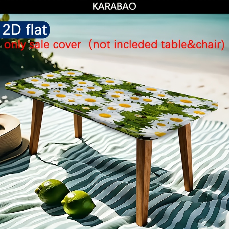 TEMU 1pc Daisy Pattern Outdoor Stretch Tablecloth, Bohemian, Style, Suitable For Indoor And Outdoor Use, Elastic Outdoor Picnic Tablecloth, Patio
