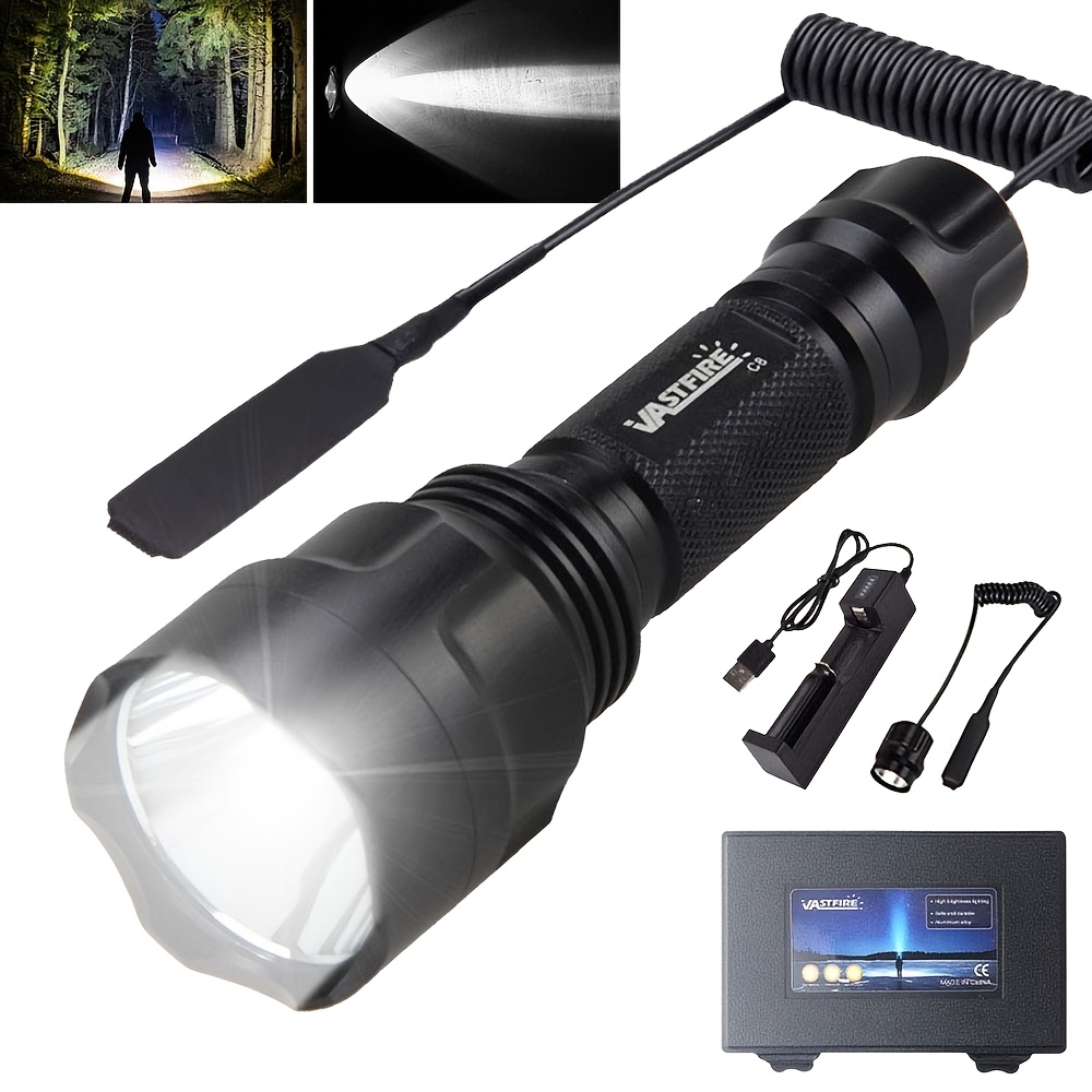 TEMU 500 Yard Aluminum Alloy Tactical Flashlight, 1000 Lumens Led Portable Flashlight, Red/green/white, Rechargeable With Battery, Mouse Tail Switch,