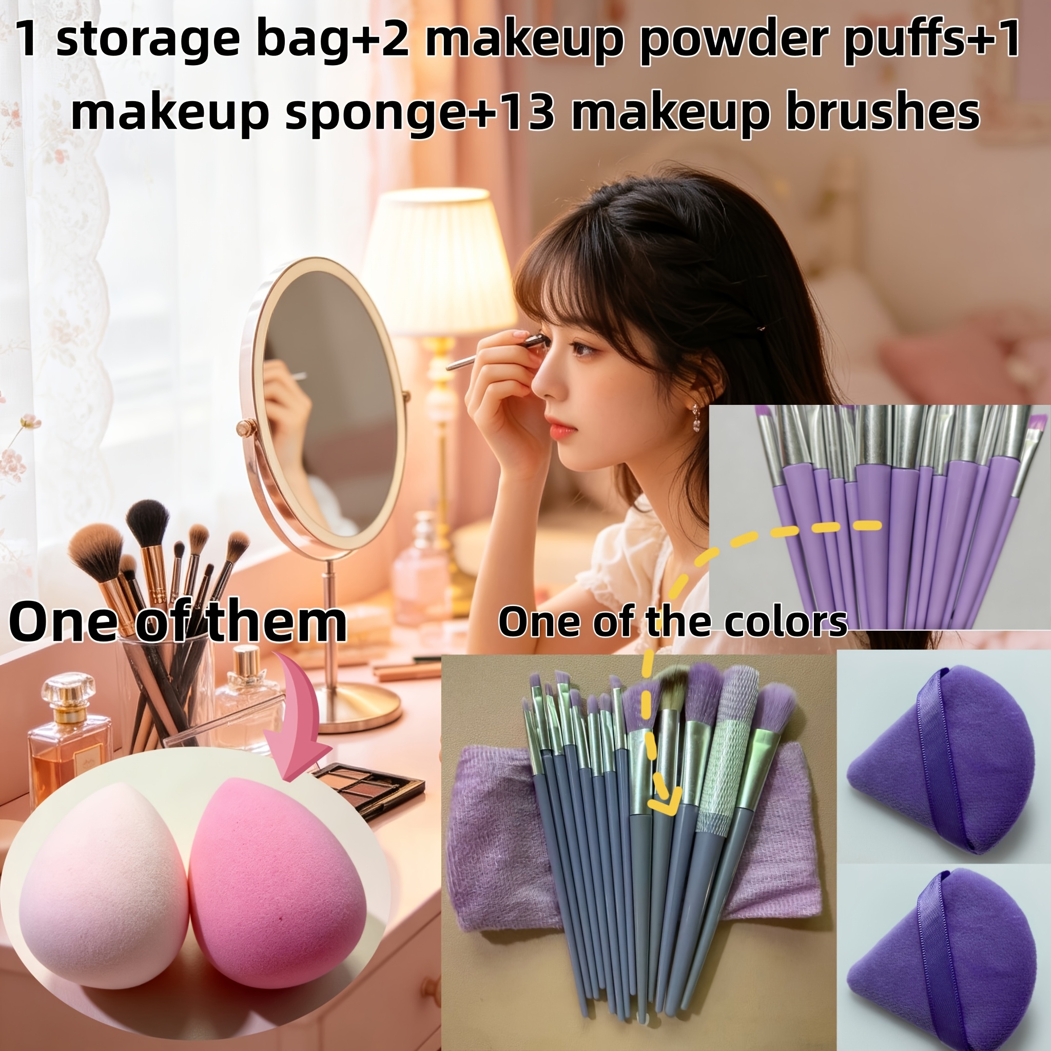 TEMU Complete 17pcs Makeup Brush Set: 1 Makeup Bag + 2 + 1 Makeup Sponge + 13 Makeup Brushes. This Full Set Covers The Entire Makeup From Foundation
