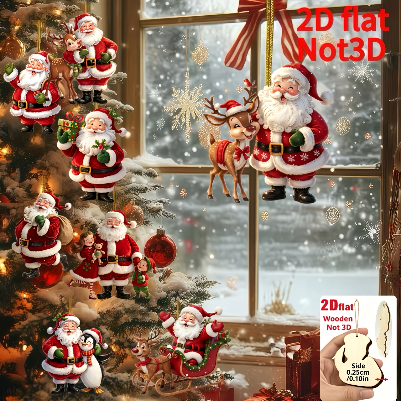 TEMU 2d Flat, 8pcs Set, 2d Embossed Wooden Home Hanging Ornaments, Christmas, Mother's Day, Father's Day, Santa Claus Holding A Gift Pattern, Holiday