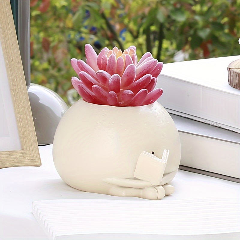 

Whimsical Smiling Face Reading Book Planter - Unique Resin Flower Pot For Home & Garden Decor