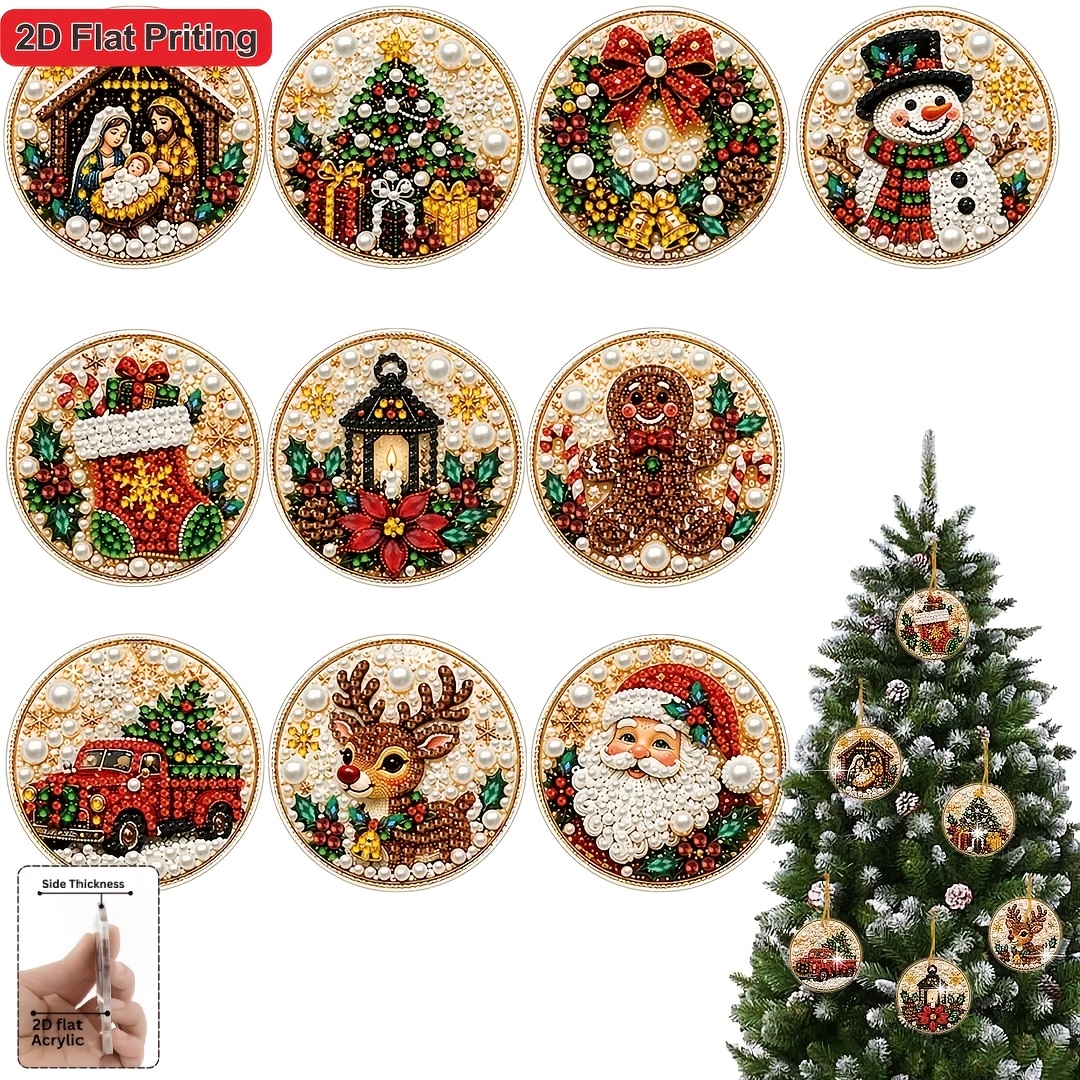 TEMU 2d/flat 10pcs Christmas-themed Pearl And Diamond Painting Set, Suitable For Adult Beginners, Retro Christmas Tree Ornament, Christmas Atmosphere