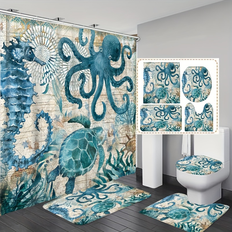 

1/3/4pcs Octopus Turtle Seahorse Pattern Shower Curtain Set, Shower Curtain With 12 Hooks, Non-slip Bath Mat, U-shaped Toilet Mat, Toilet Mat, Bathroom Accessories, Home Decor