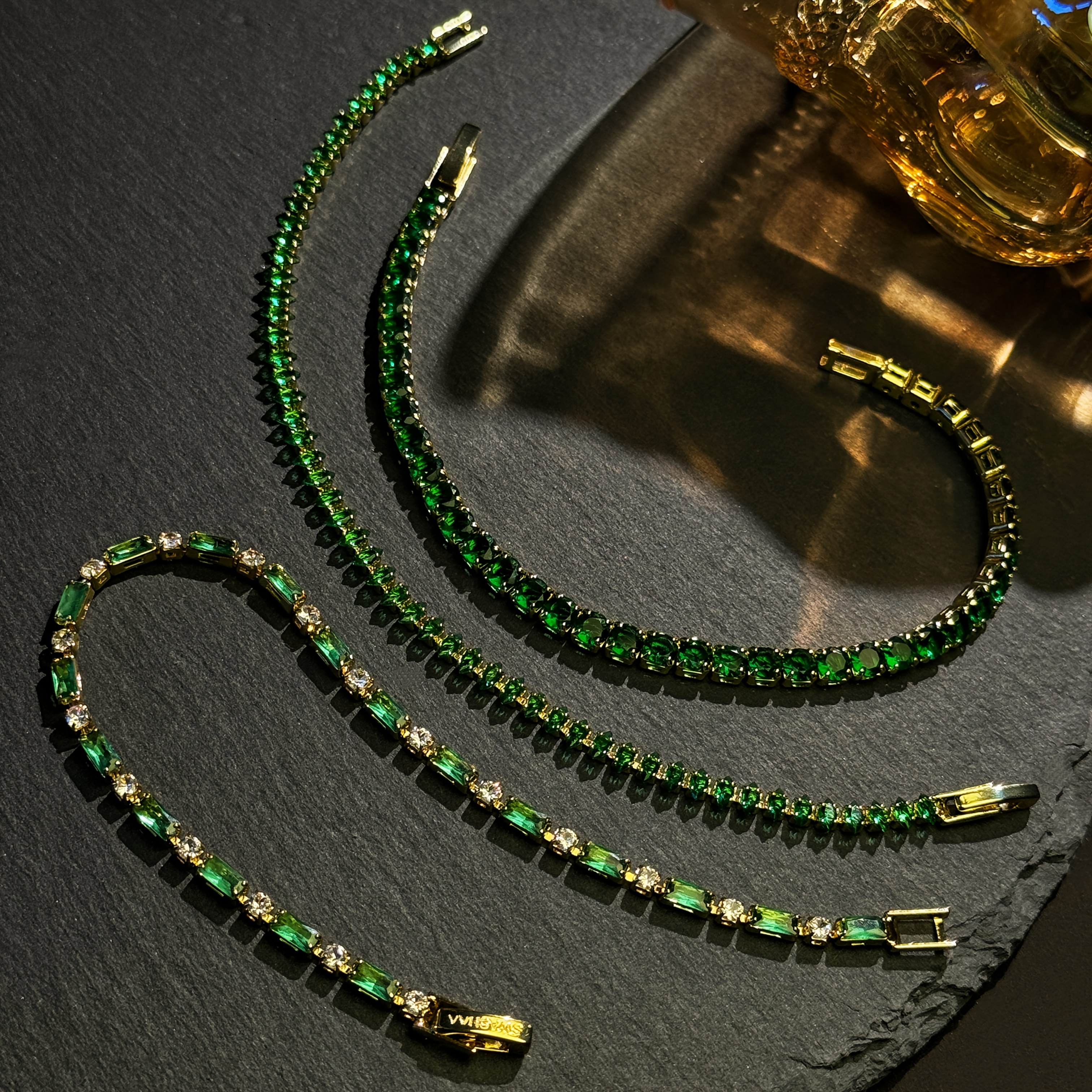 TEMU 3pcs Spring Summer Women's Fashion Green Set, Elegant Bracelets, Copper Low-allergy Anti-oxidation, Inlaid Sparkling Green Synthetic Zirconia,