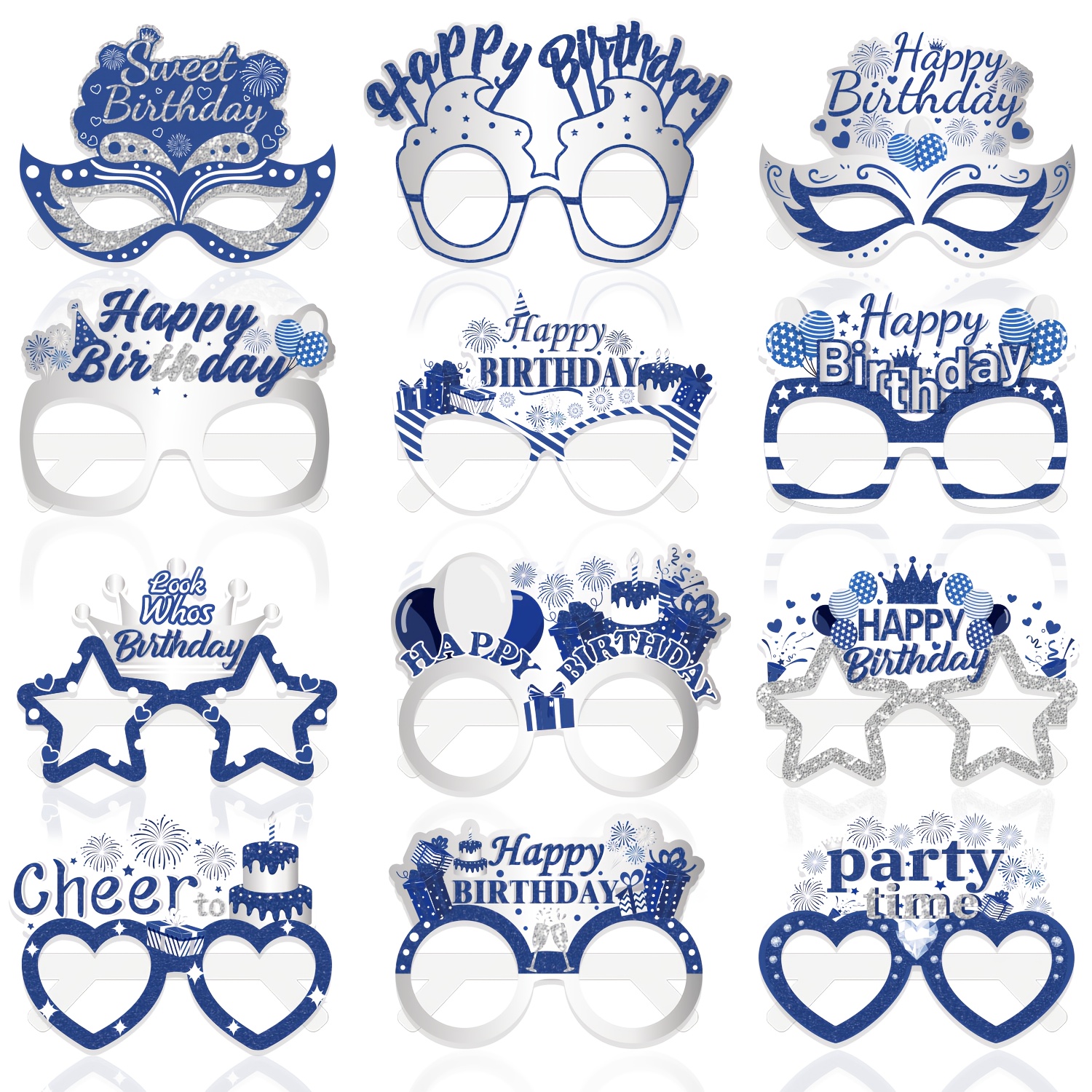 Image of 12pcs Blue Birthday Party Decorations | Paper Glasses And Photo Booth Props For Blue-themed Celebrations, Suitable For Men And Women, Perfect For Halloween & Christmas