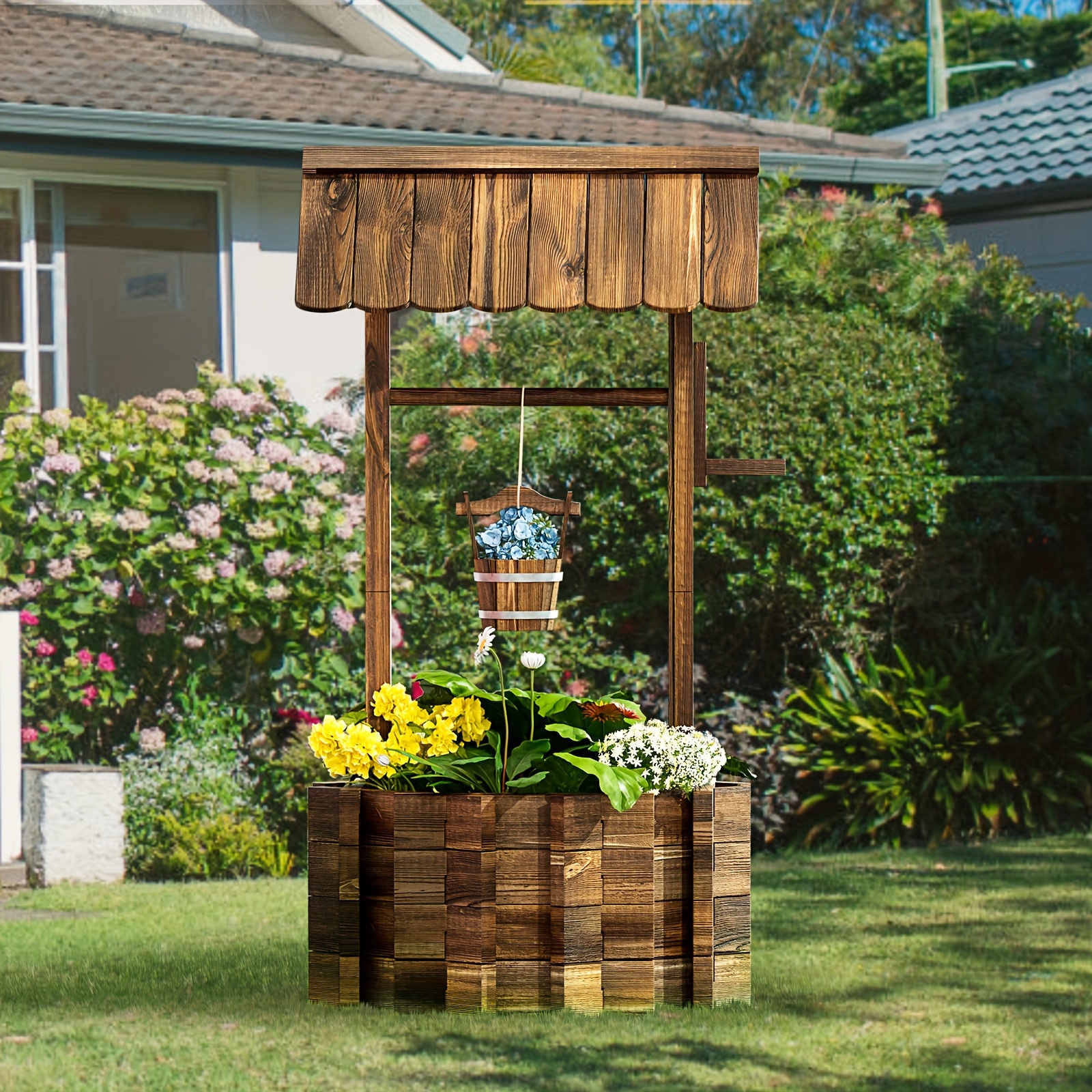 

Rustic Wooden Planter With Hanging Bucket For Flowers And Plants, Indoor & Outdoor Garden Decor, Brown