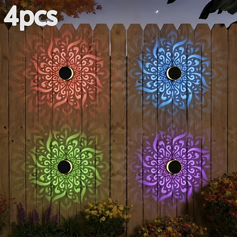 TEMU 4pcs Solar Outdoor Garden, Solar Light Outdoor, Mandala Hollow Pattern Color Changing Wall Light, Ip65 Durable Metal Solar Outdoor Led Light,