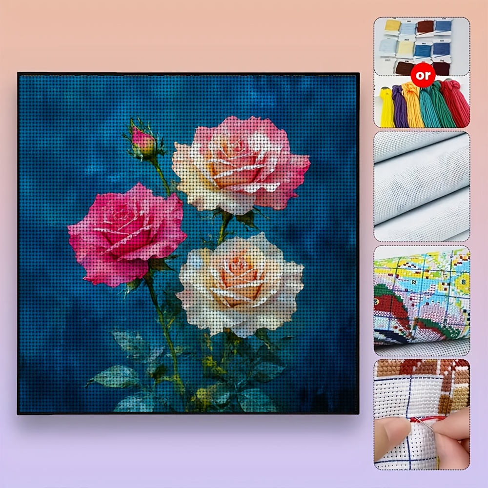 11CT Frameless Cross-Stitch Kit, Blue Background with Three Roses