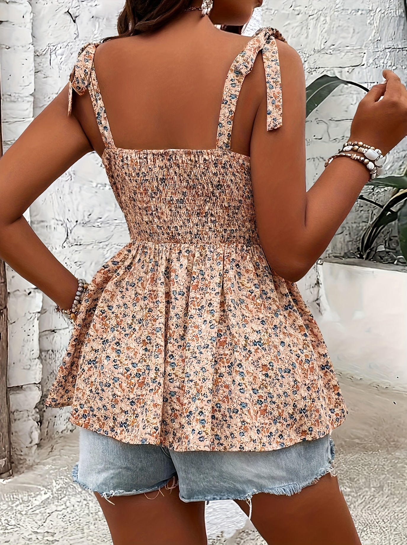Blusa De Tirantes Con Cuello Cuadrado Estampado Floral, Elegante Blusa Sin  Espalda Con Fruncidas Y En El Dobladillo, Ropa De Mujer