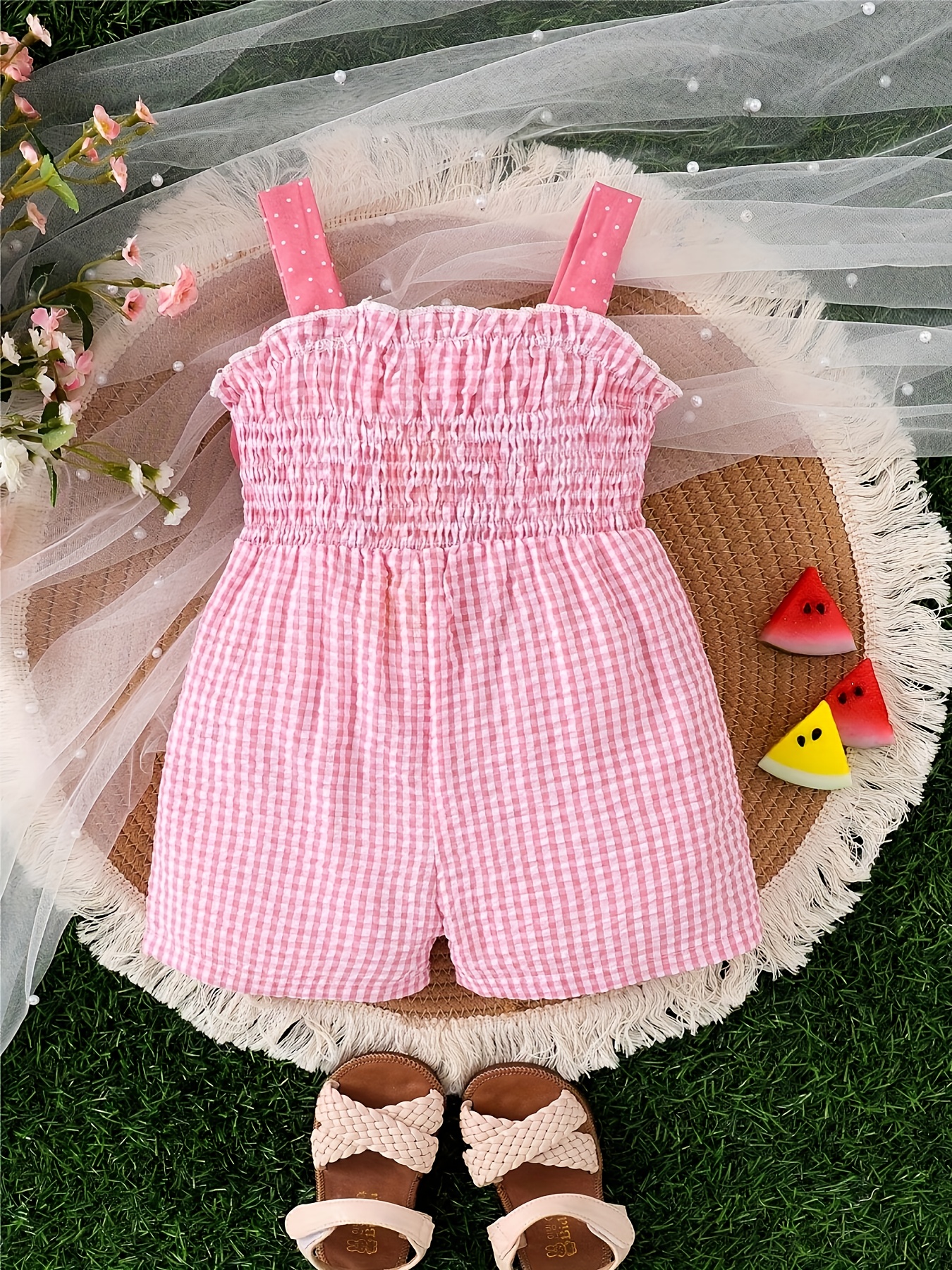 s pink gingham checkered romper jumpsuit strawberry Temu Pakistan