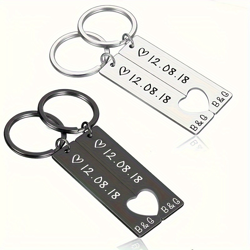 

Custom Engraved Stainless Steel Couple Keychains - Personalized Love Heart Keyrings With Alphabet & Date - Romantic Gift Set For Valentine's Day, Anniversary Celebration - Includes Ring Buckle