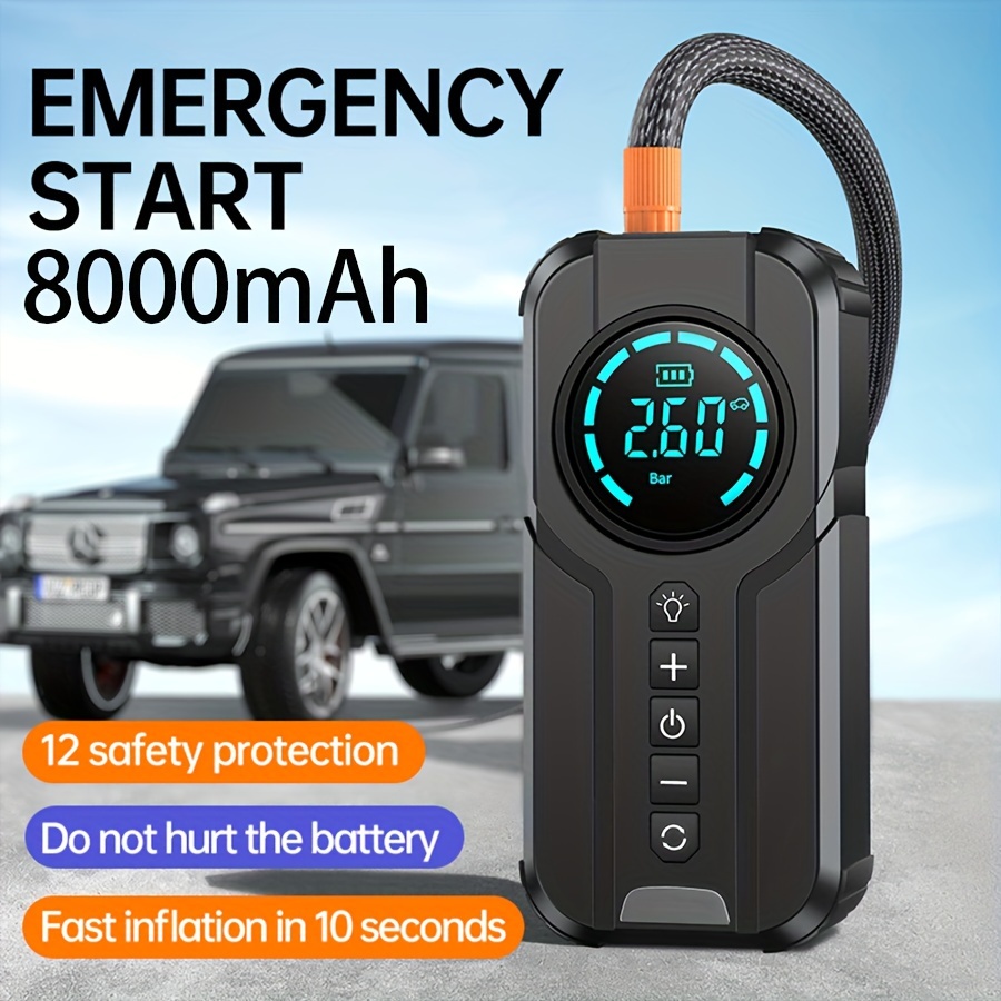 

8000mah Digital Portable Air Compressor Inflator & Emergency Car Jump , Usb Type-c Charging, 36v Operating Voltage, Rechargeable Lithium Polymer Battery, Integrated , Lighting