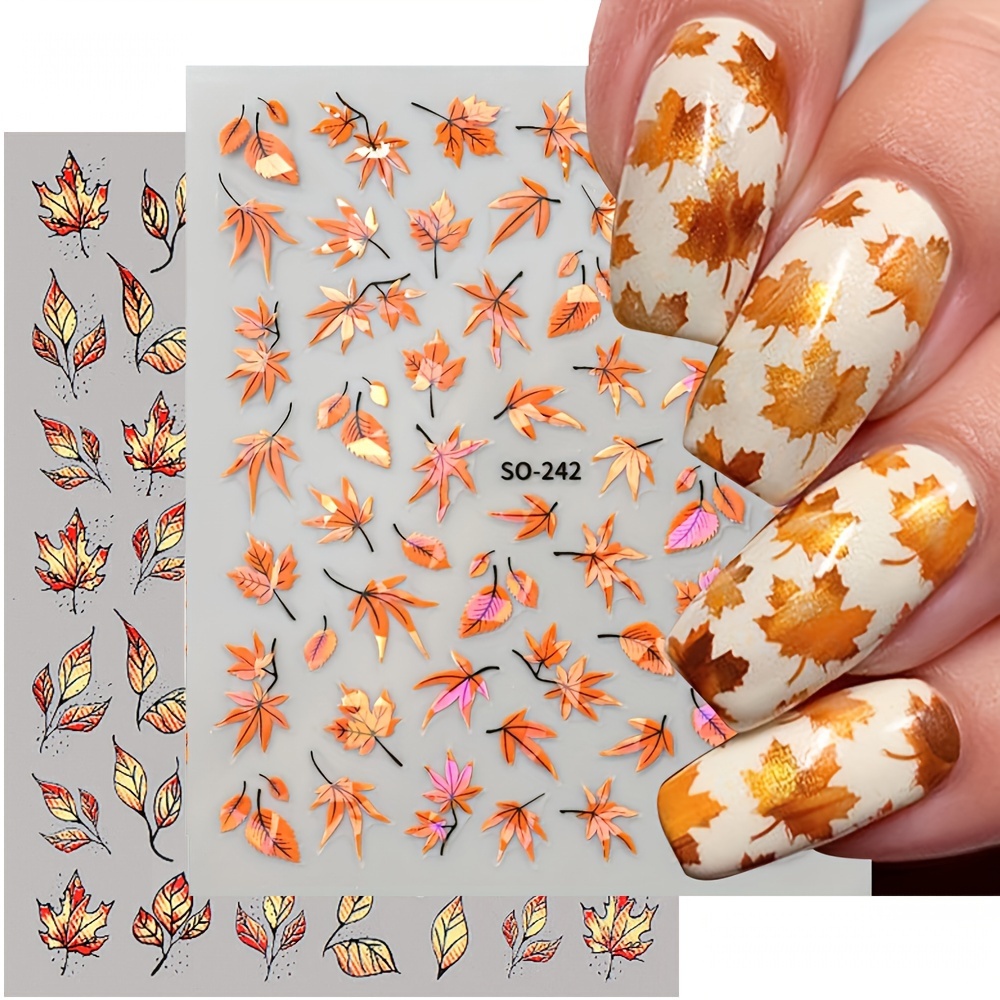 

2pcs 3d Holographic Maple Leaf Nail Art Stickers - 3d Self-adhesive Sparkling Autumn Decals For Diy Manicure & Pedicure