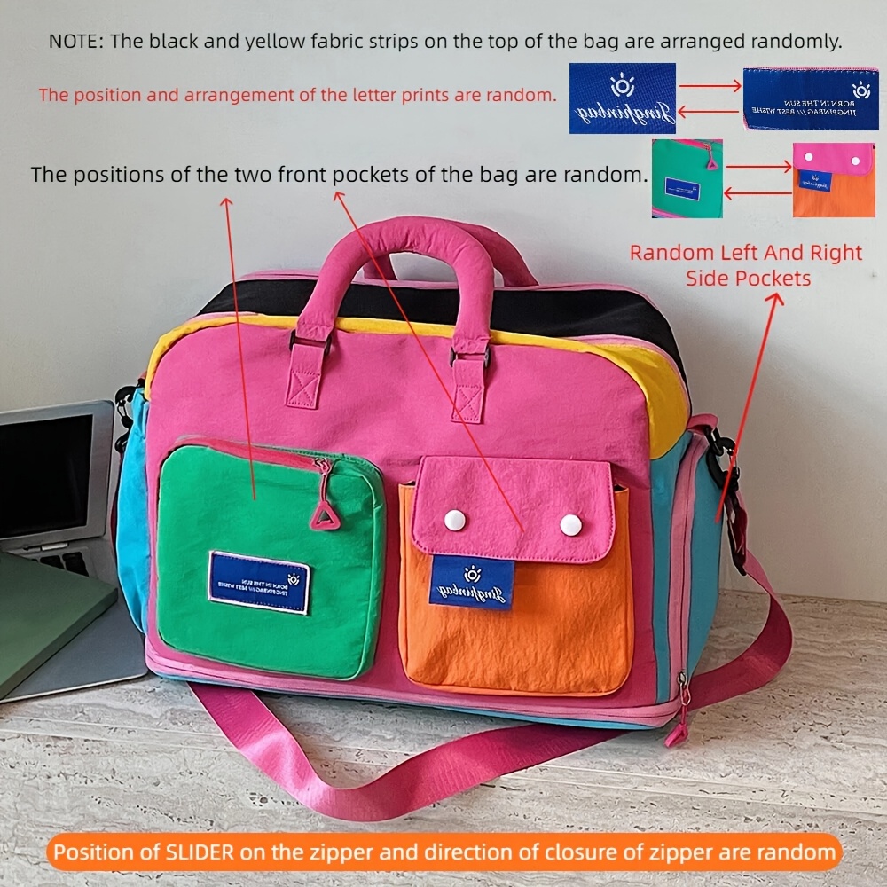 TEMU Large Capacity Expandable Stylish Color Block Travel Duffel Bag With Adjustable Shoulder Strap, Women's Weekend Overnight Tote Bag, Perfect For