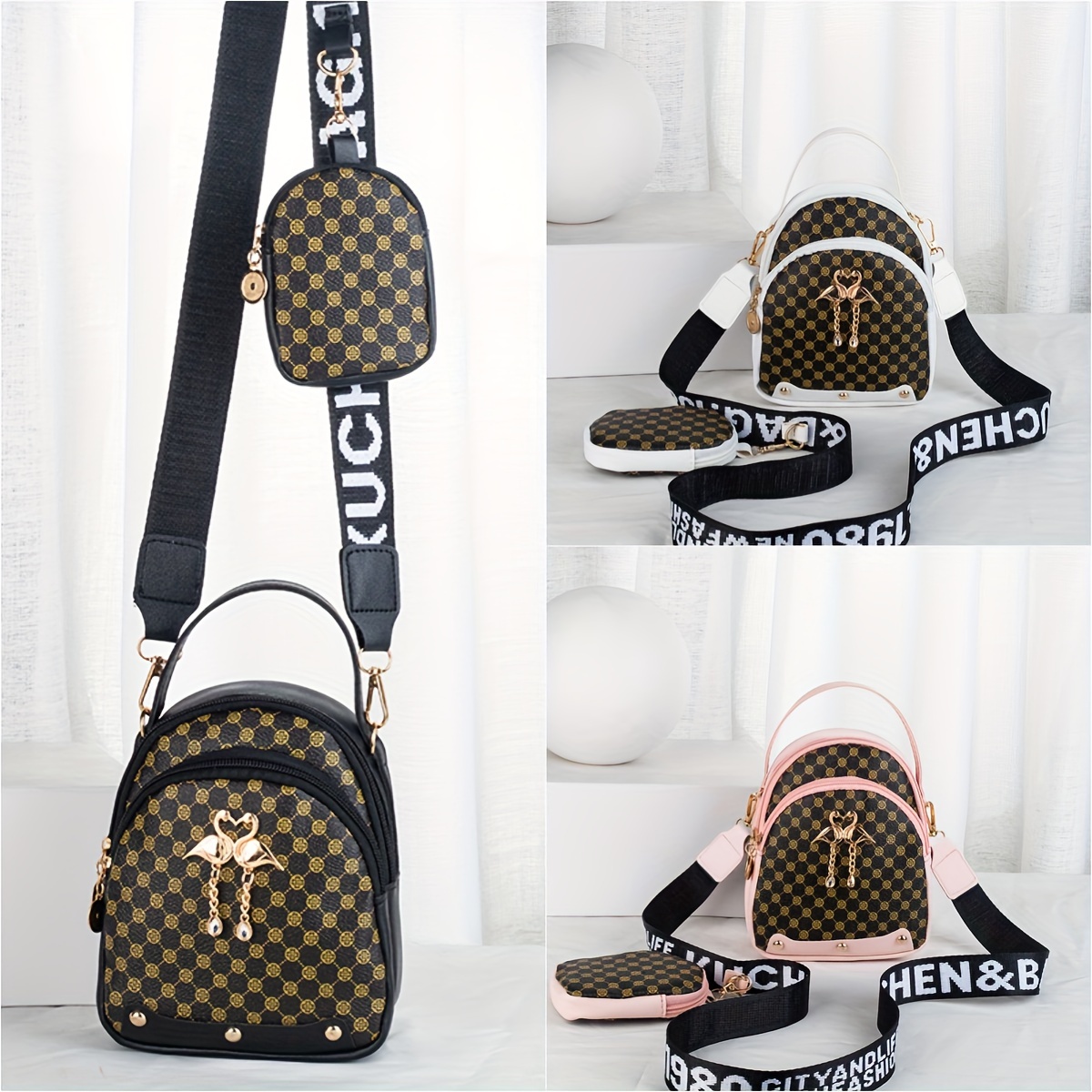 

Fashion Print Crossbody Bag With Coin Zipper Pouch, Swan Decor Shoulder Purse, Fashionable Phone Small Bag