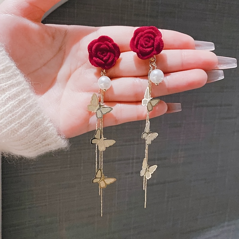 E-shop 1 Paar modische Retro Roter Samt Blumen Ohrringe Perle Schmetterling Lange Quaste Ohrstecker Low-Allergie Geeignet für Damen Täglich Party