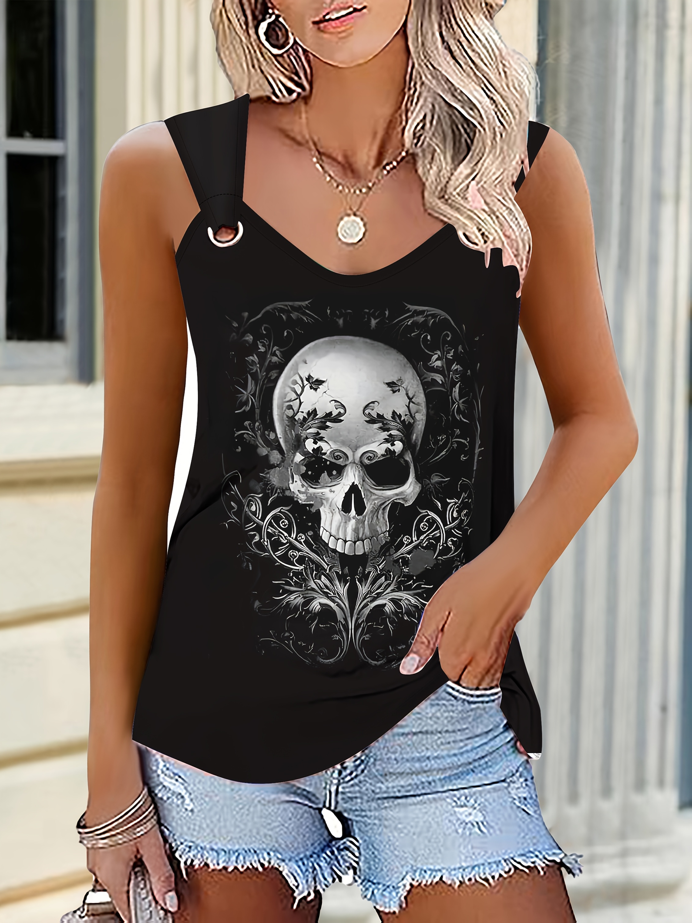 womens gothic chic sleeveless tank top black white skull Temu