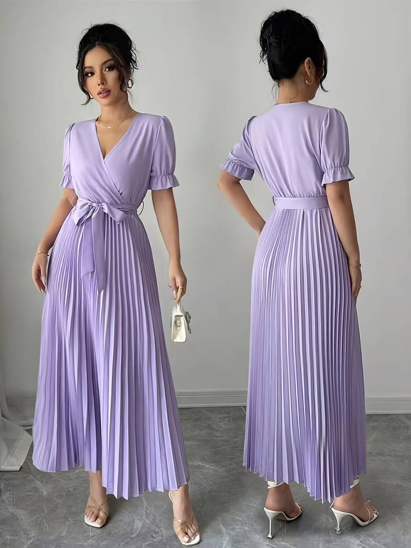 Women'S Elegant Waist-Cinching Dress with V-Neck And Ruffled Hem 0