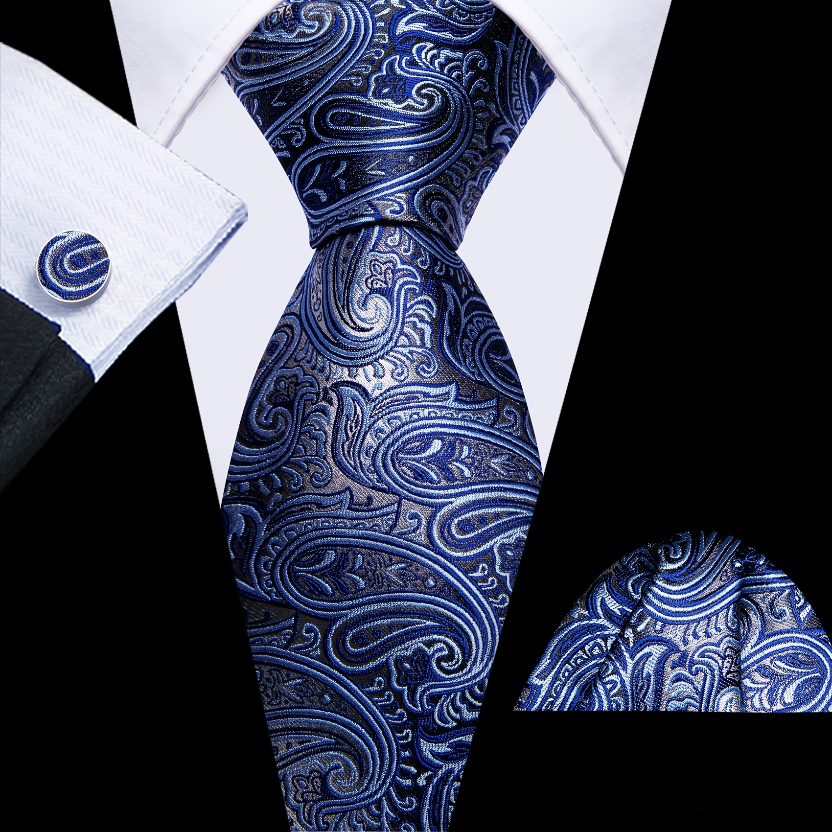 Image of Men's Blue Necktie With Matching Pocket Square & Cufflinks | Solid Color Business Dress Accessory, Elegant Formal Party Wedding Suit Tie For Professional Attire - , Woven Fabric