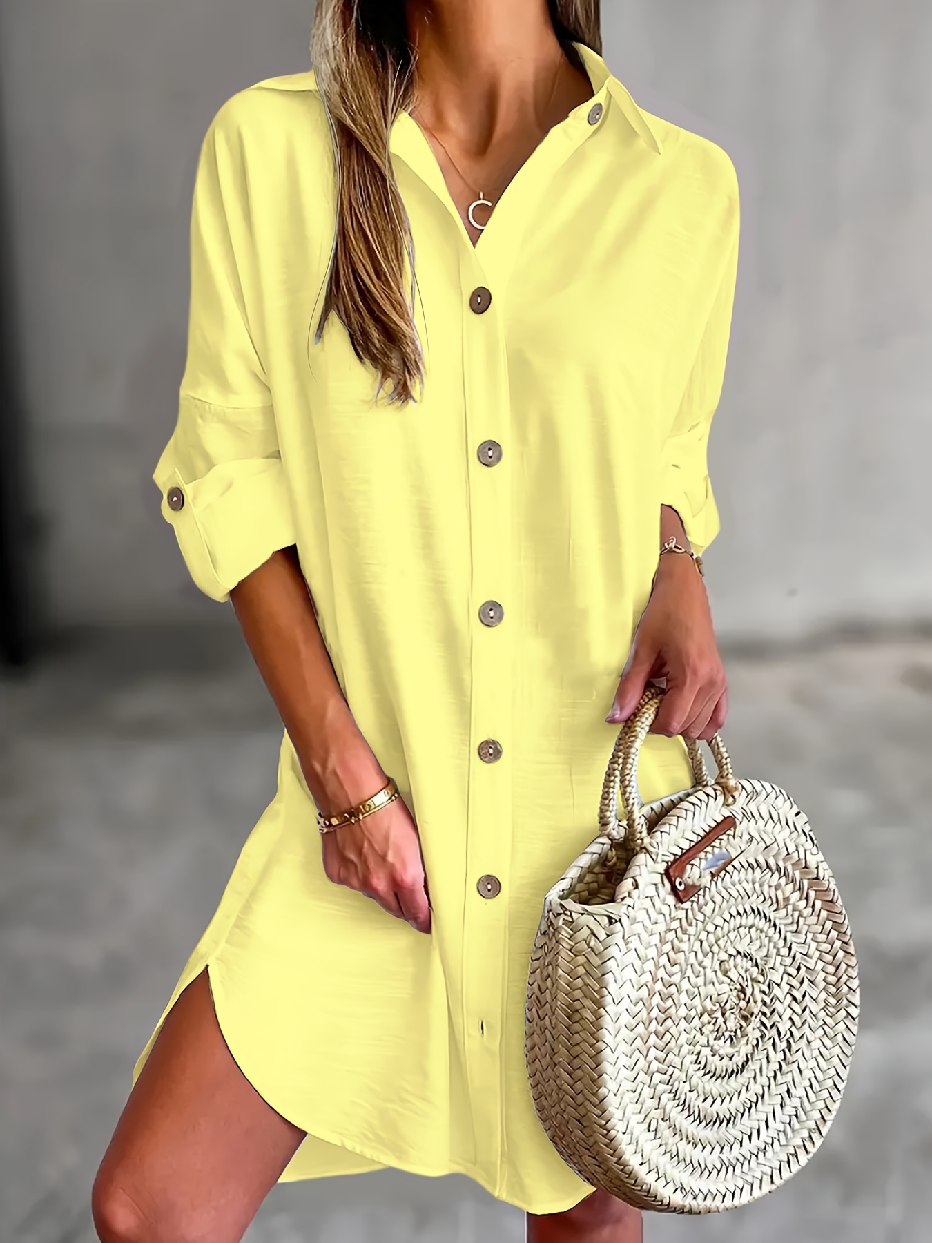 womens shirt dress mustard yellow non transparent long Temu Canada