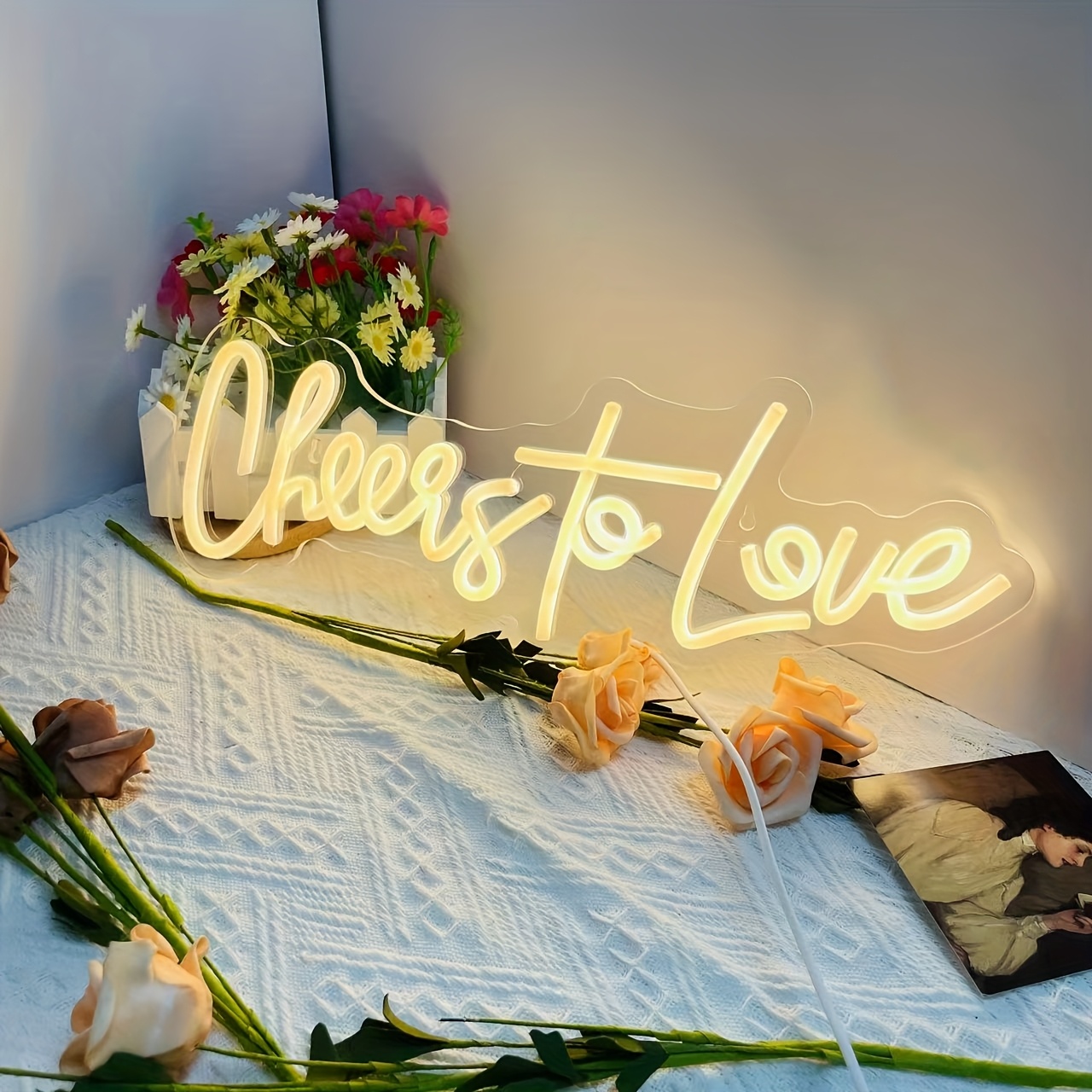 Image of Fomzze "cheers To Love" Led Neon Sign - Warm White, Usb Powered Wall Light For Weddings, Valentine's Day, And Bedroom Decoration