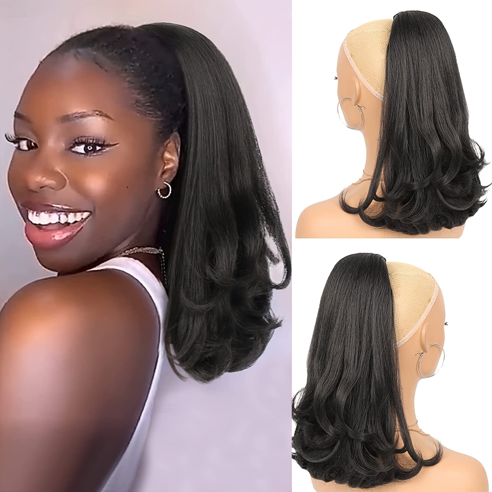 heat resistant synthetic   straight ponytail extension tail 16 inch natural black drawstring ponytail hair for women elegant bun hairpiece for weddings parties daily use ponytail hair extensions details 0