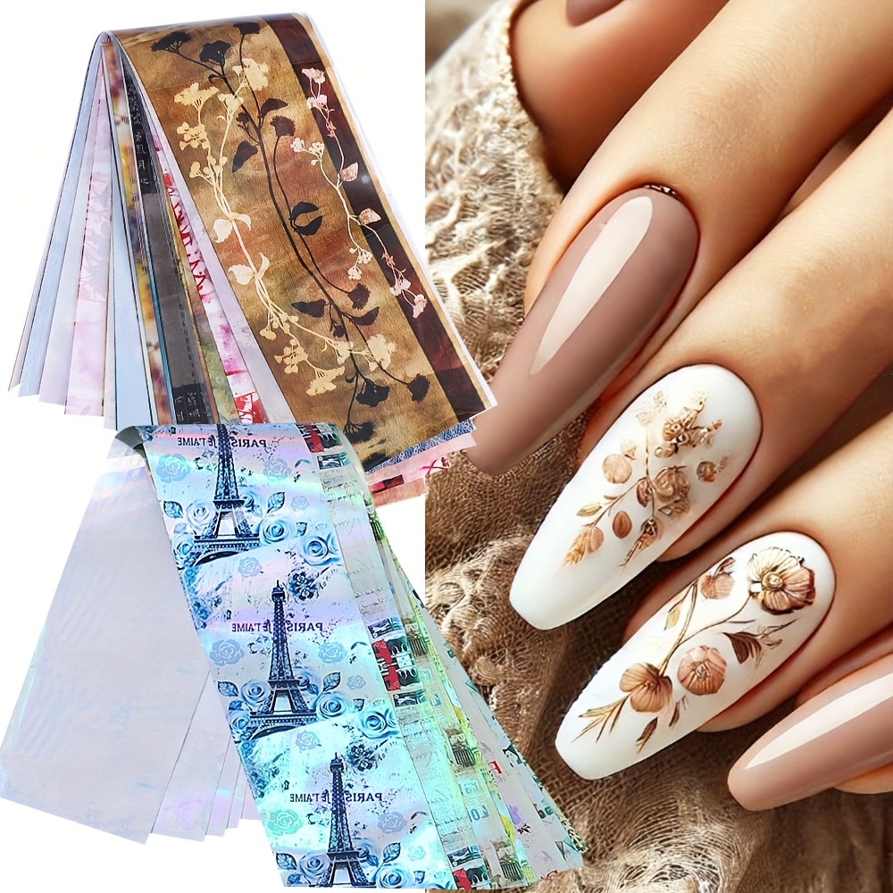 20pcs Vintage Nail Foil Holographic Laser Flowers Poem Adhesive Transfer Foil Nail Decals Diy